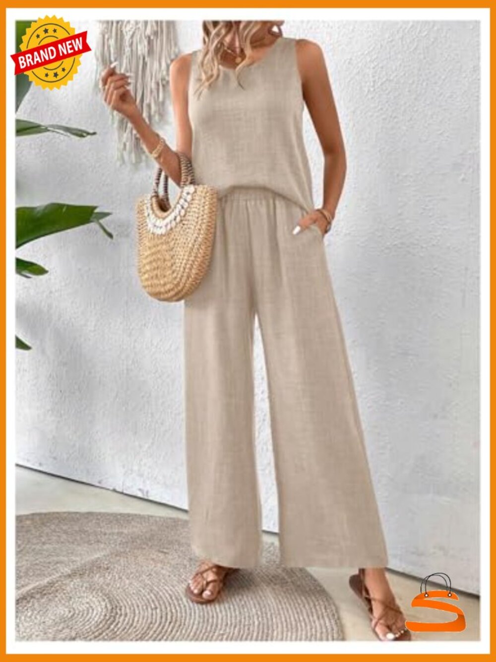 Boho Linen 2 Piece Outfit - Crochet Tank & Wide Leg Pants Set - Picture 2 of 5